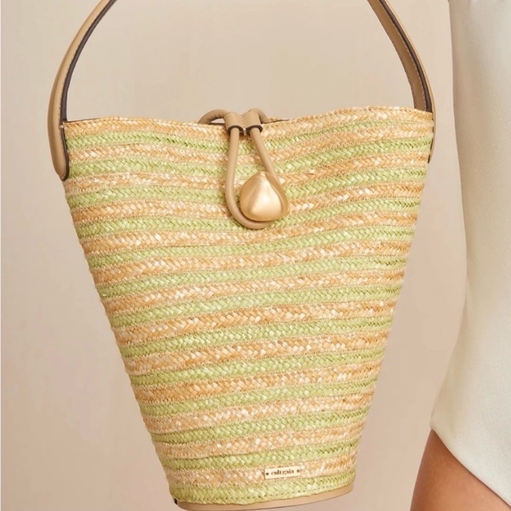 Vintage Woven Raffia Bucket Tote Multicolor with Leather Trim - Picture 13 of 13